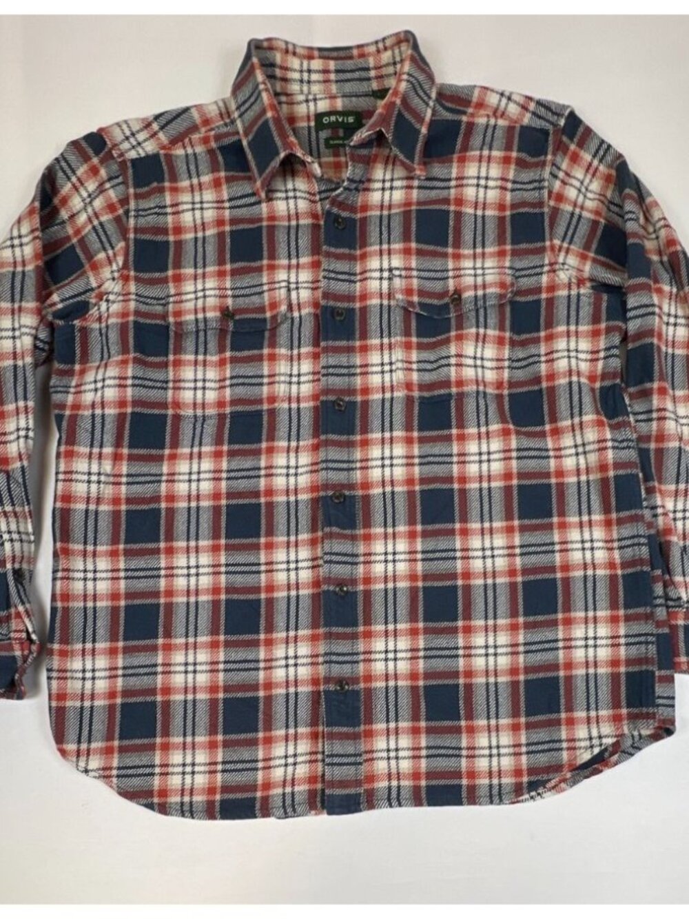 Orvis Men Large L Blue Red Plaid Flannel Long Sleeve Classic Fit Cotton Shirt